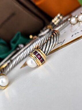 DAVID YURMAN 14K Gold SS Pearl Garnet Cable Bracelet 7mm Vintage